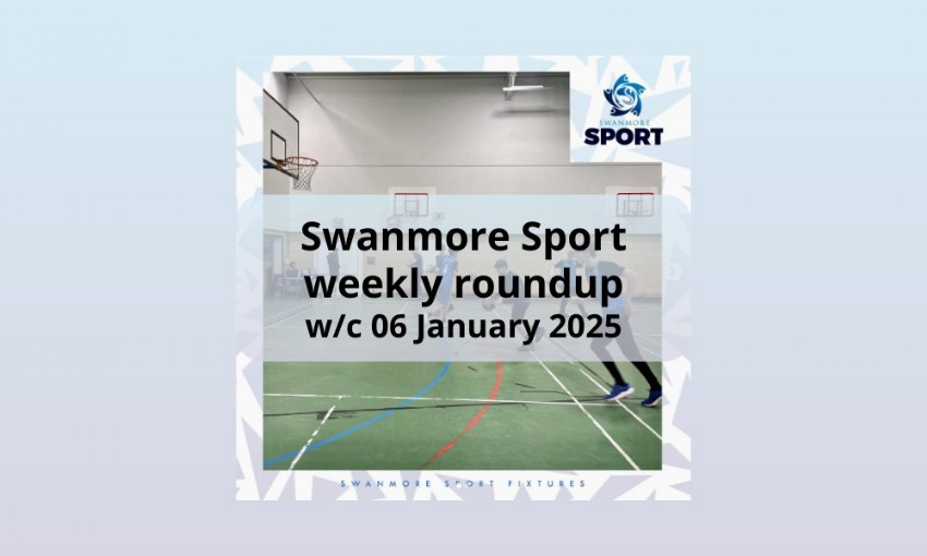 Image shows the U16 Boys Basketball team playing with the words Swanmore Sport weekly roundup week commencing 06 January 2025